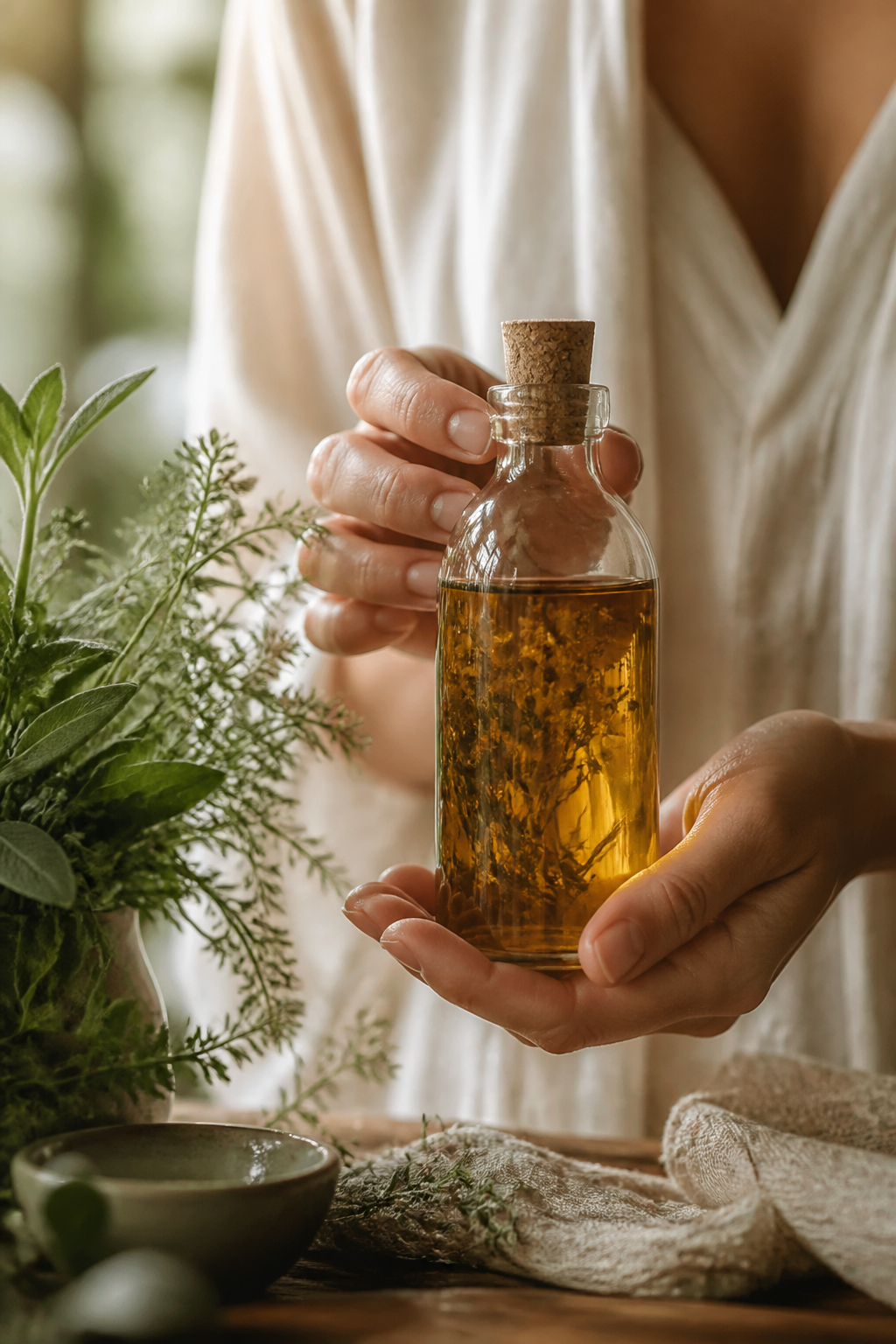 Hands holding a bottle of botanical oil with fresh herbs