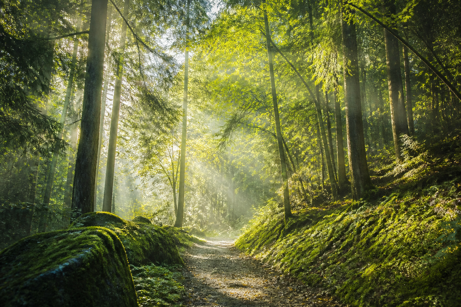 Sunlit forest path with soft morning light