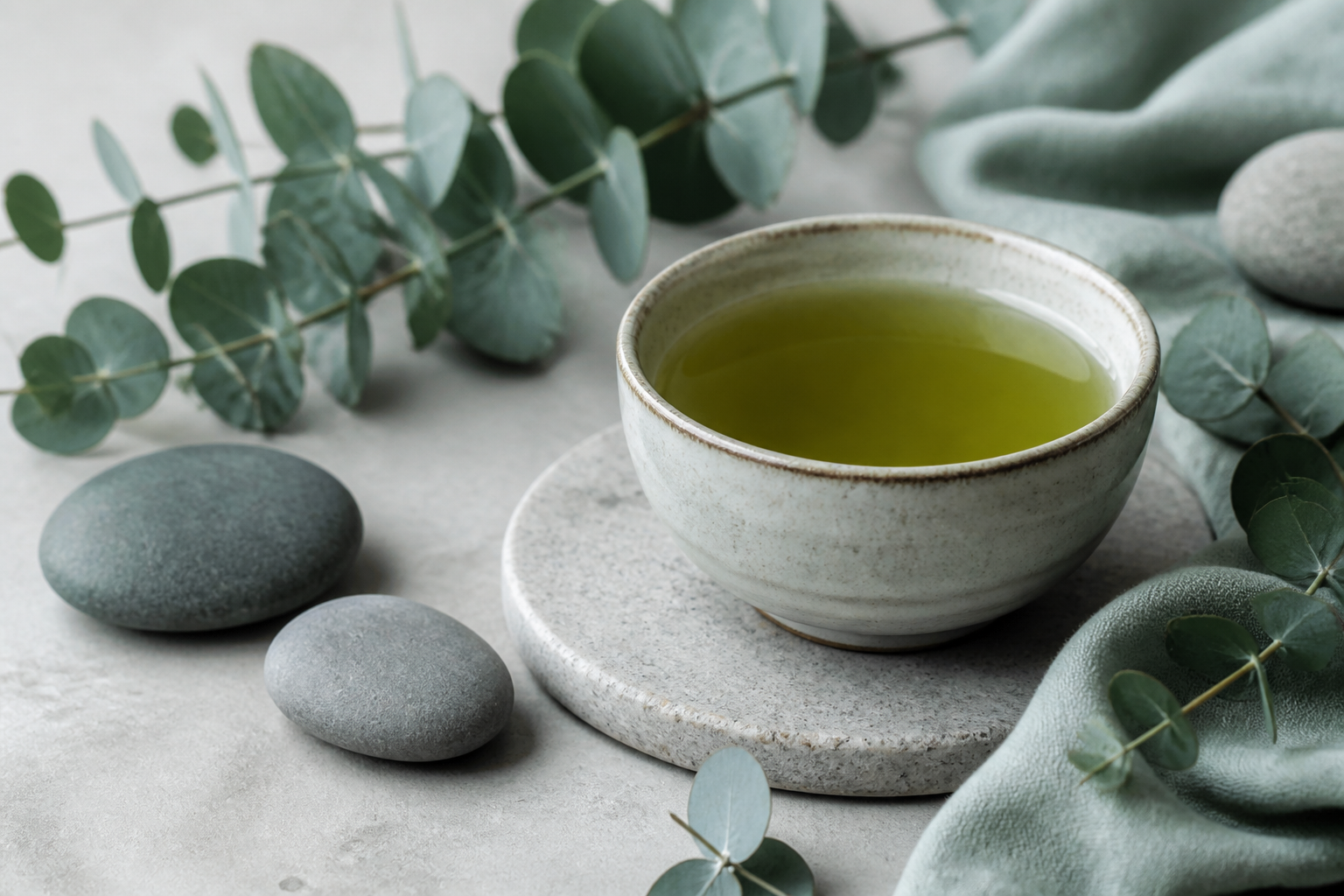Ceramic tea bowl with eucalyptus and river stones